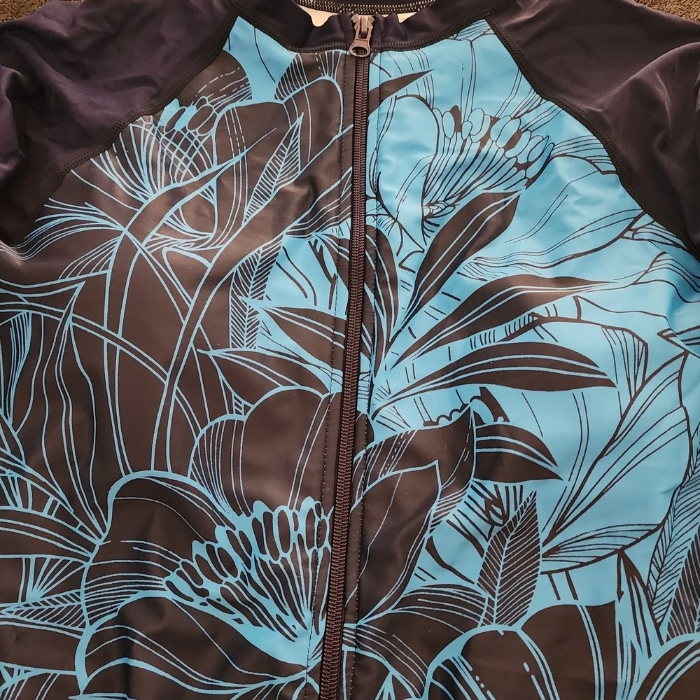 Blue Floral Long Sleeve One Piece Swimsuit